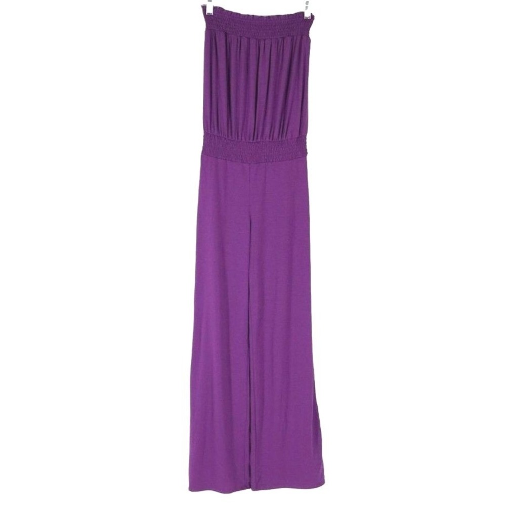 No Boundaries Strapless Jumpsuit Women XS Purple Smocked Waist Wide Leg
